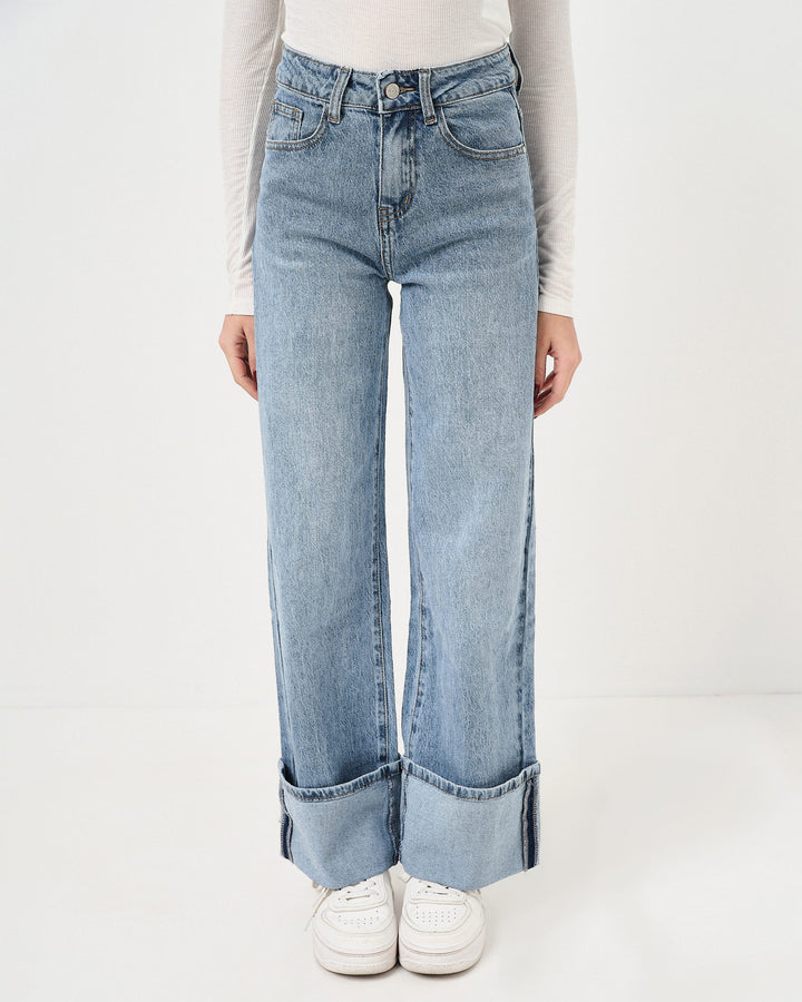 Denim wide leg chiaro con balza