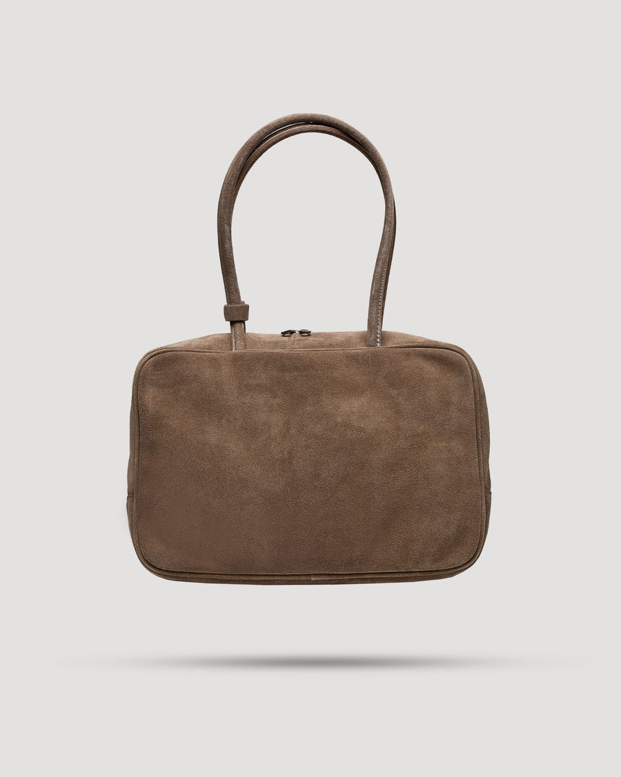 Borsa tote quadrata con zip in suede