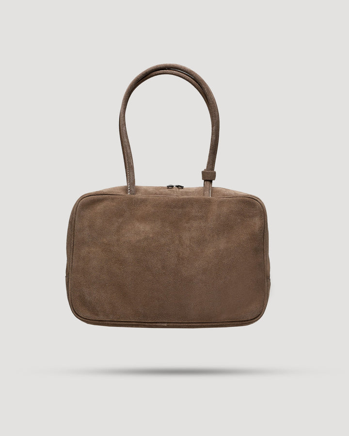 Borsa tote quadrata con zip in suede