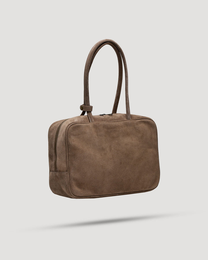 Borsa tote quadrata con zip in suede
