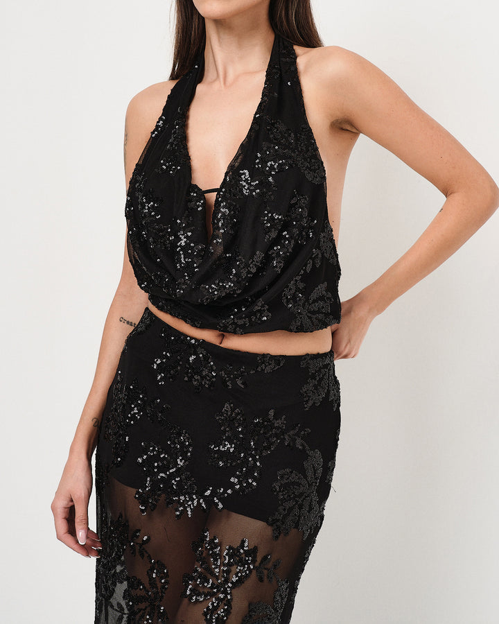 Top in tulle con ricami in paillettes