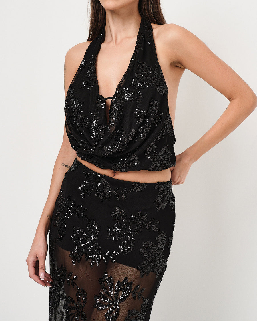 Top in tulle con ricami in paillettes