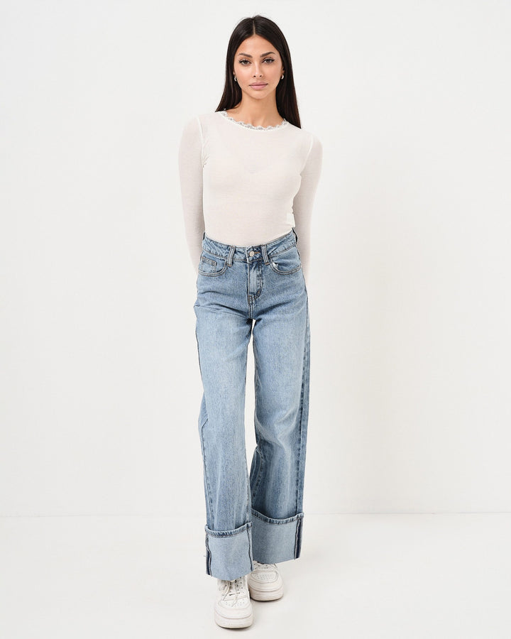 Denim wide leg chiaro con balza