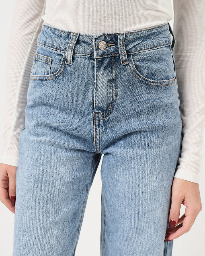 Denim wide leg chiaro con balza