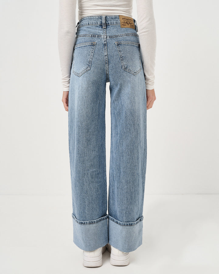 Denim wide leg chiaro con balza