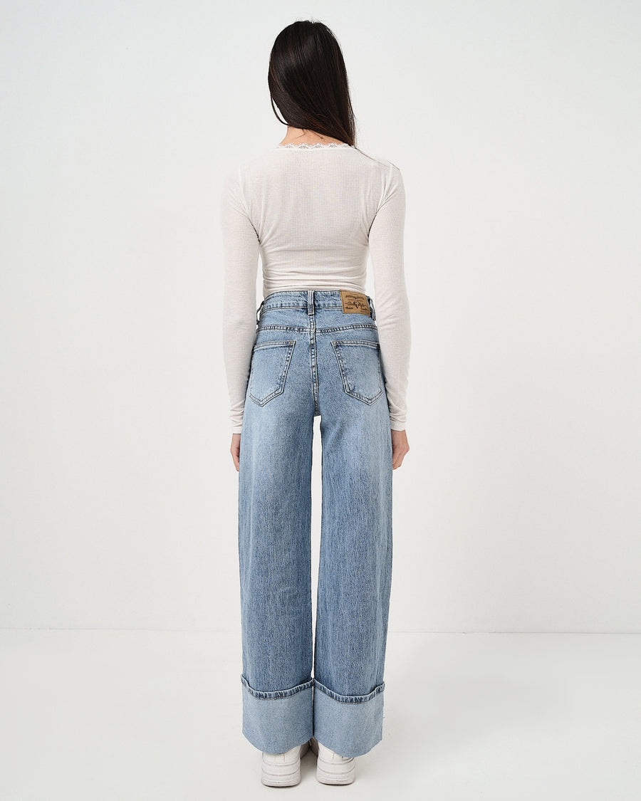 Denim wide leg chiaro con balza
