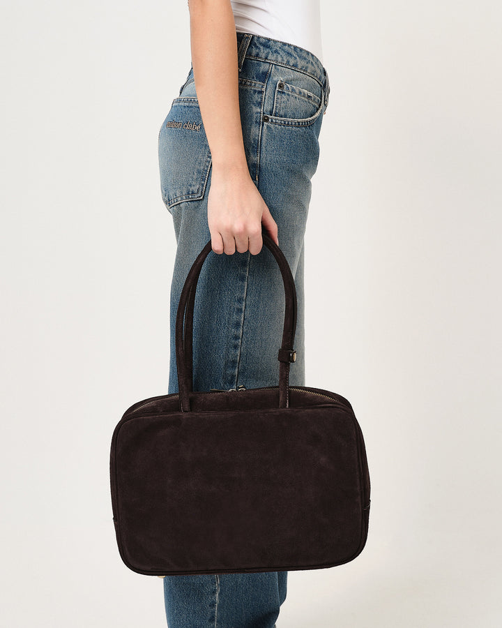 Borsa tote quadrata con zip in suede