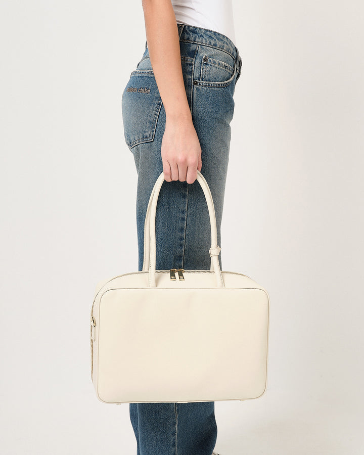 Borsa tote quadrata con zip in pelle liscia