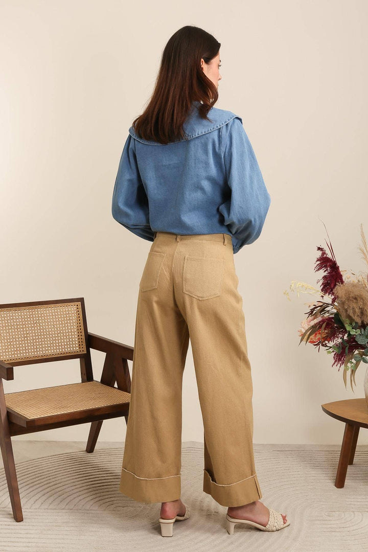 Pantaloni a Gamba Ampia con Risvolto